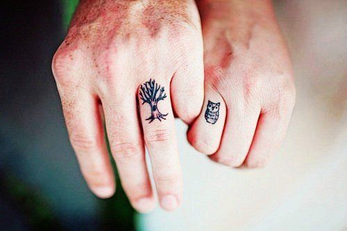 Tiny Owl And Tree Without Branches Matching Tattoos On Fingers