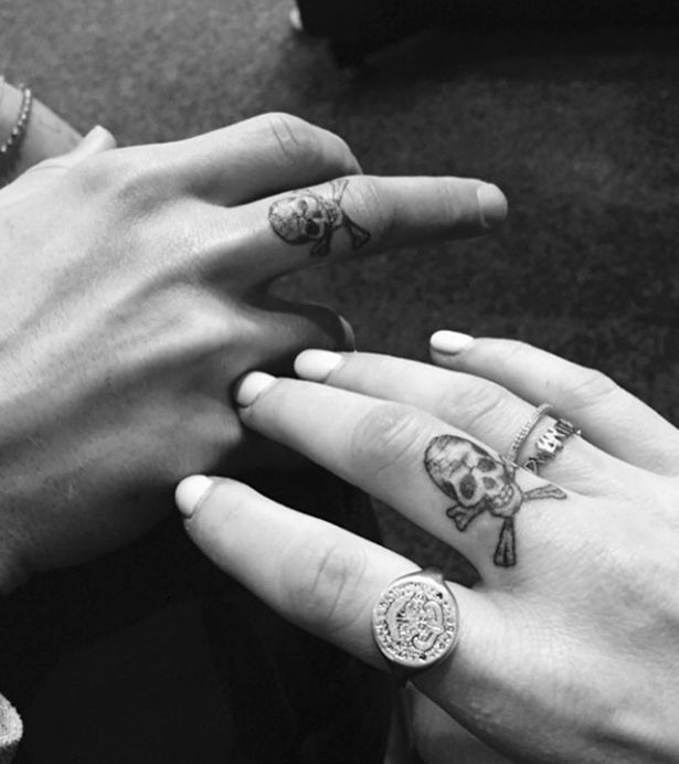 Tiny Skull With Crossed Bones Matching Tattoos On Fingers