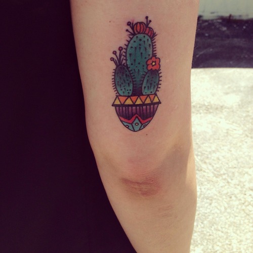 Tiny Traditional Cactus In Pot Tattoo On Half Sleeve