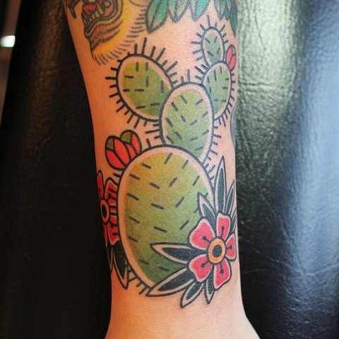 Traditional Cactus Flowers Tattoo On Arm Sleeve
