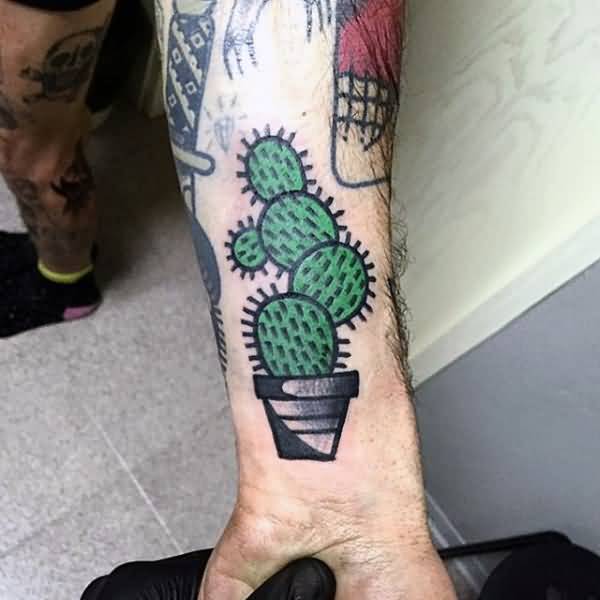 Traditional Cactus In Black Color Pot Tattoo On Forearm