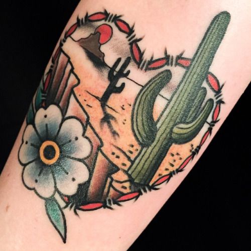Traditional Cactus Plant With Desert In Heart Shape Tattoo