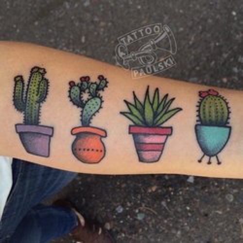 Traditional Cactus Plants In Pots And Simple Flower Pot Tattoo On Forearm
