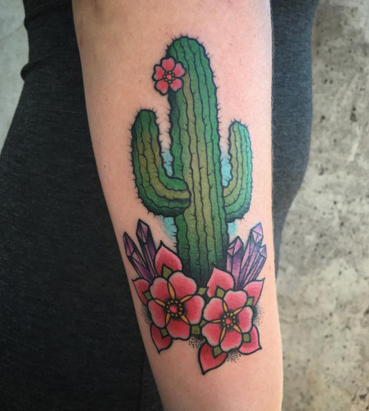 Traditional Cactus With Crystals Tattoo On Arm Sleeve By Apryl Triana