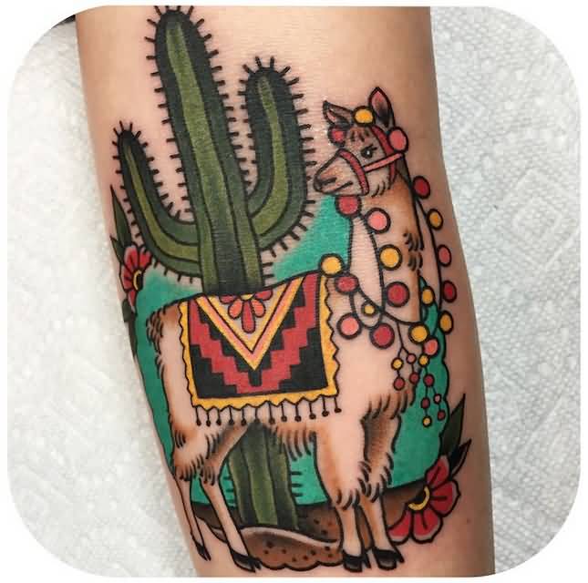 Traditional Cactus With Lama Tattoo