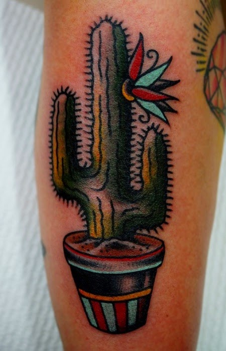 Traditional Cactus With Pot Tattoo