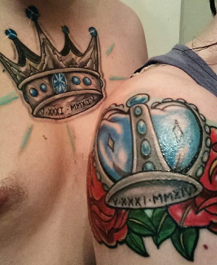 Traditional Crown Matching Couple Tattoos On Chest And Shoulder By Paco