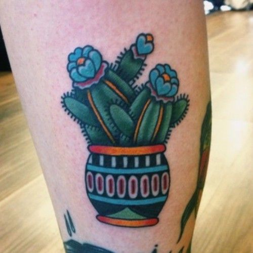 Traditional Flower Pot With Cactus And Flowers Tattoo