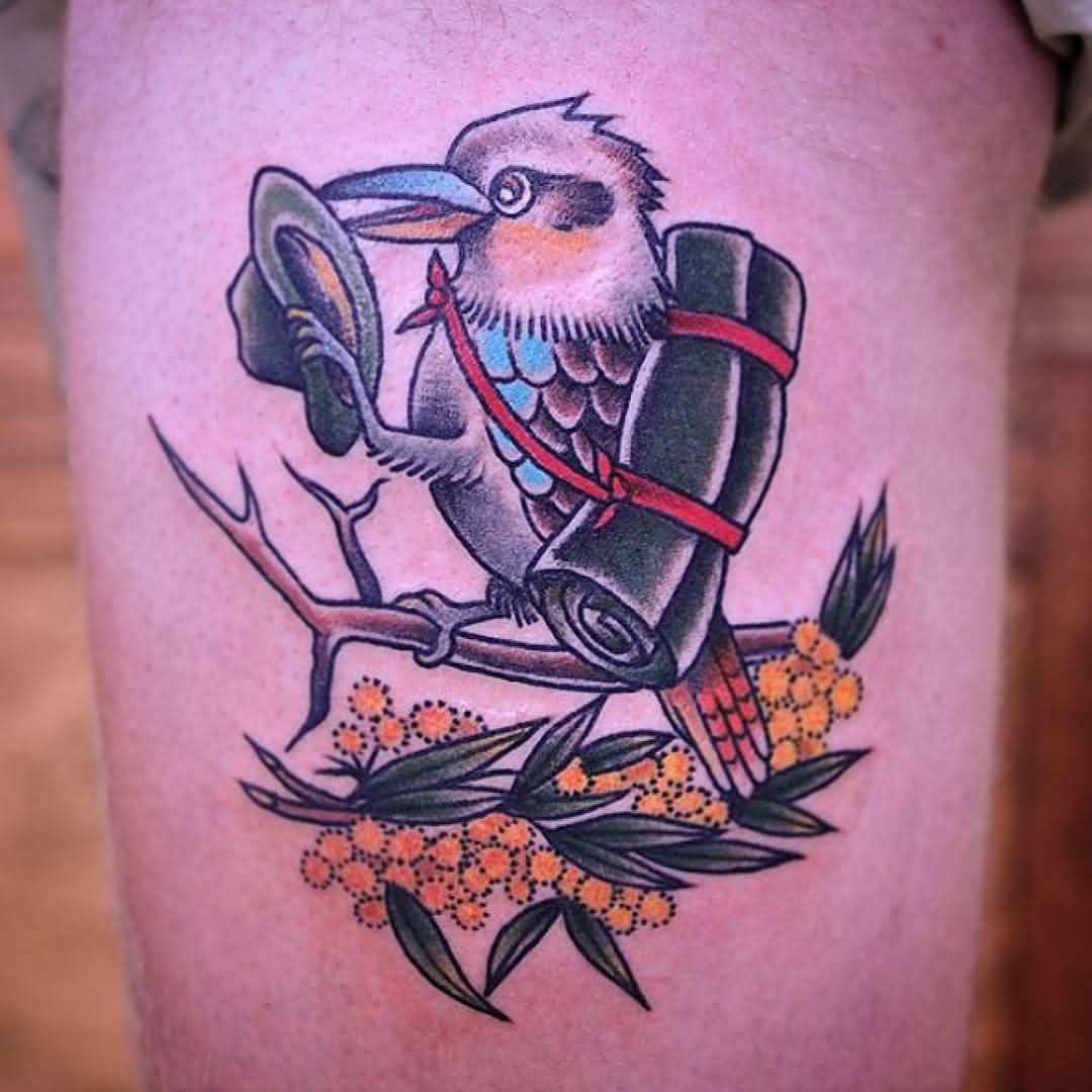 Traditional Kookaburra With Bag On Tree Branch Tattoo By Mark Lording