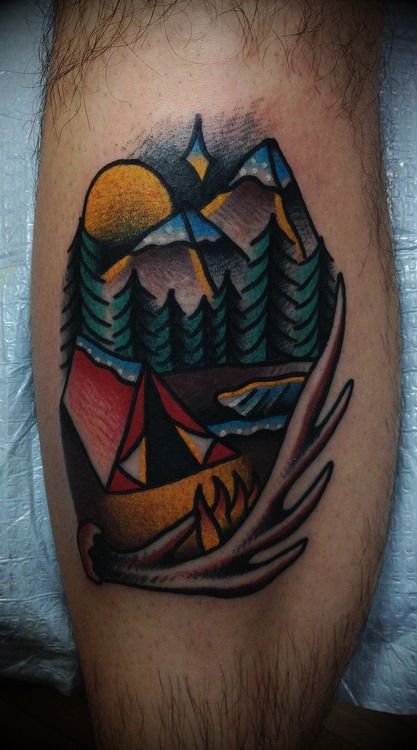 Traditional Mountains Camping Tattoo