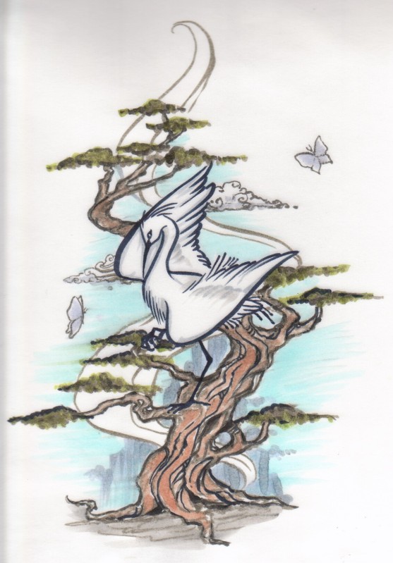 Tree And Flying White Crane Tattoo by Endejester