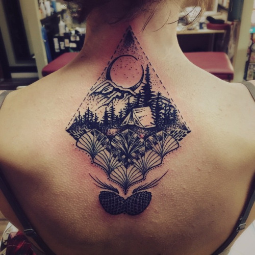 Trees Moon And Mountains Tattoo On Upper Back For Women