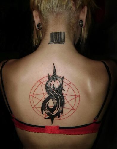 Tribal Slipknot Logo With Star Tattoo On Upper Back For Women