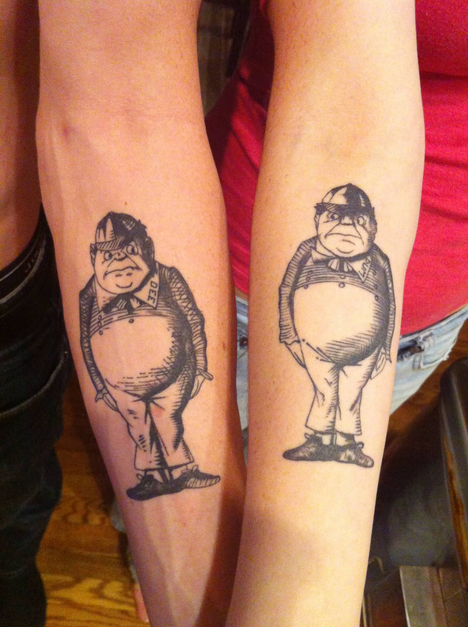 Tweedle Dee And Tweedle Dum Matching Tattoos On Forearms