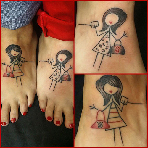 Two Girls Holding Purse Matching Tattoos On Foots