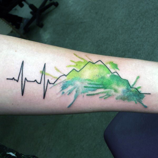 Unique Black Ink Heart Rhythm Color Mountains Tattoo On Arm Sleeve