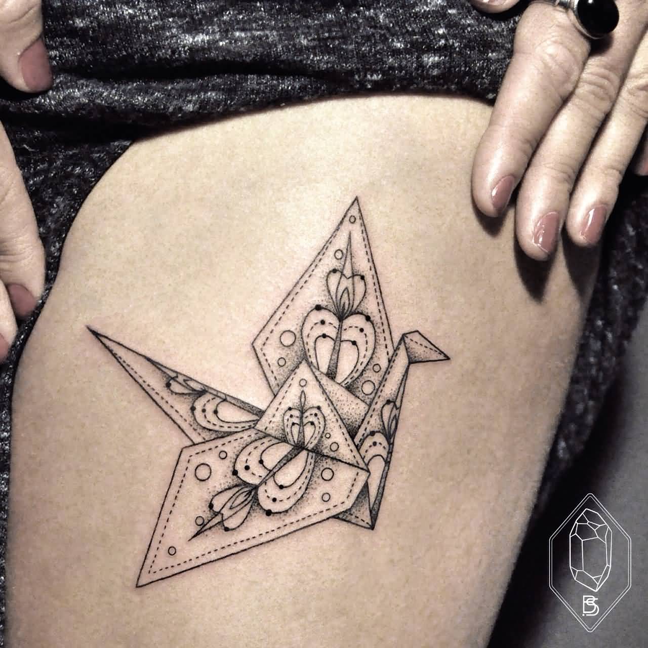 Unique Paper Crane Tattoo On Left Thigh