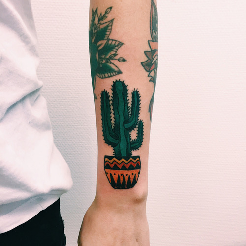 Very Nice Cactus In Pot Traditional Tattoo On Arm Sleeve