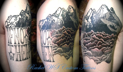 Very Nice Mountains With Clouds And Lettering Tattoo On Right Half Sleeve