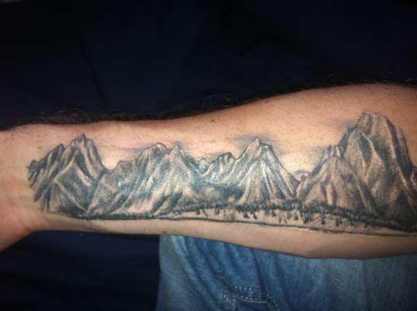 Very Nice Mountains With Tiny Trees Tattoo On Arm Sleeve