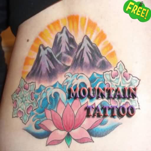 Very Nice Mountains With Water Waves Tattoo