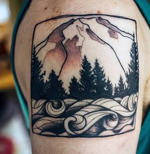 Very Nice Moutains With Trees In Square Shape Tattoo On Left Shoulder