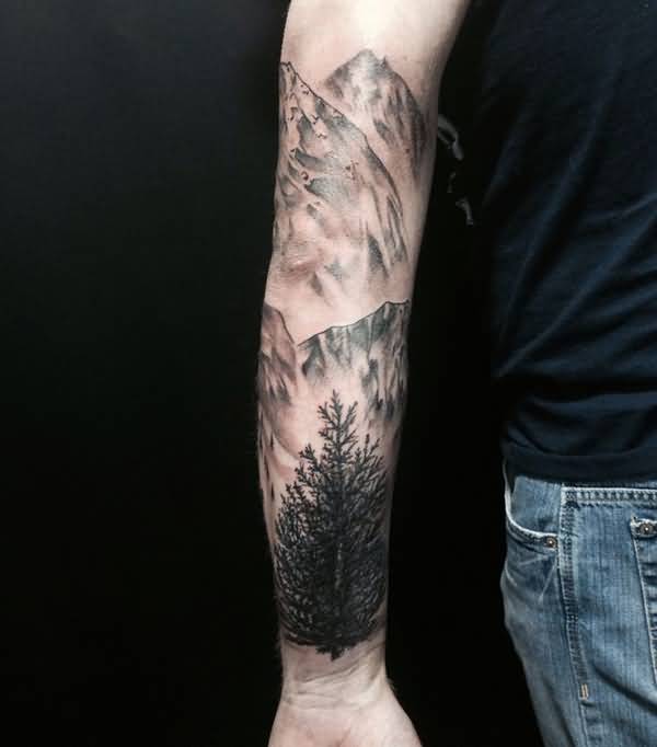 Very Nice Tree With Mountains Tattoo On Forearm