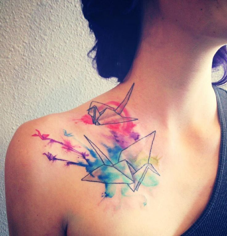Watercolor Crane Tattoo On Front Shoulder
