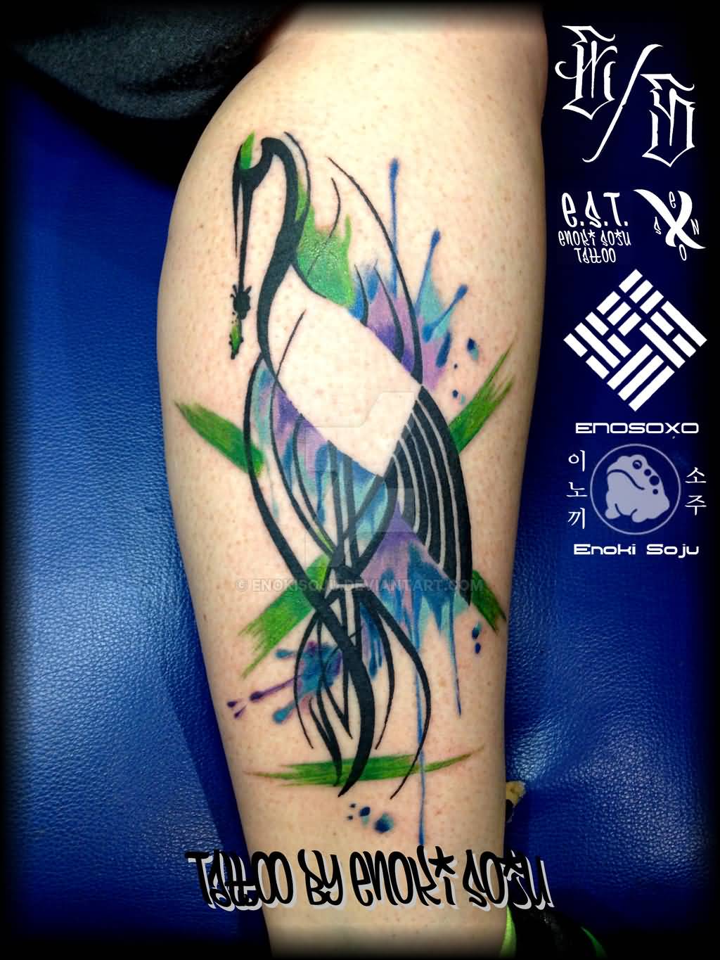 Watercolor Crane Tattoo On Leg by Enoki Soju