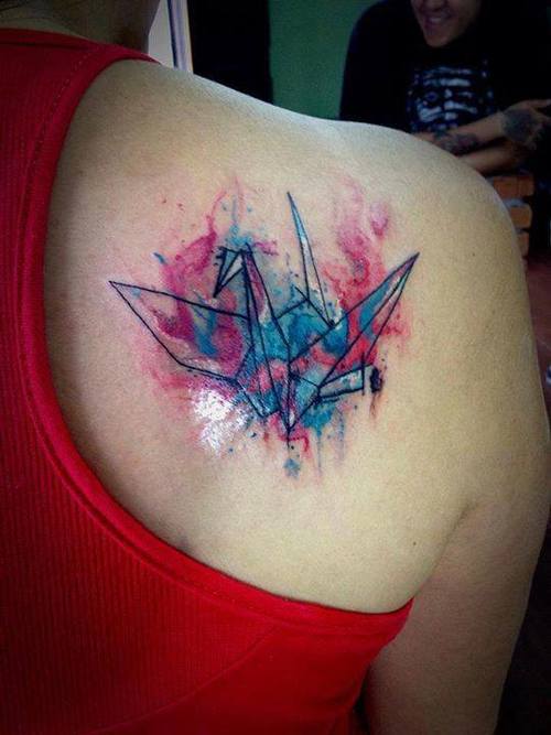 Watercolor Crane Tattoo On Right Back Shoulder