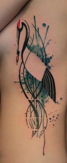 Watercolor Crane Tattoo On Side Rib