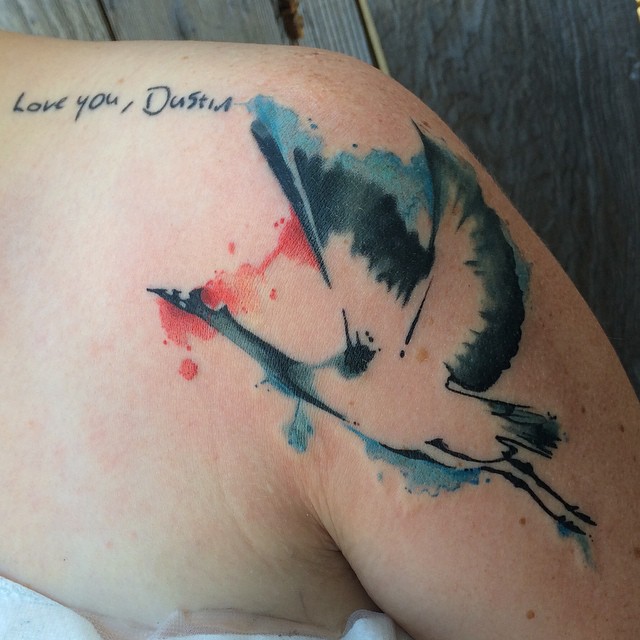 Watercolor Flying Crane Tattoo On Shoulder