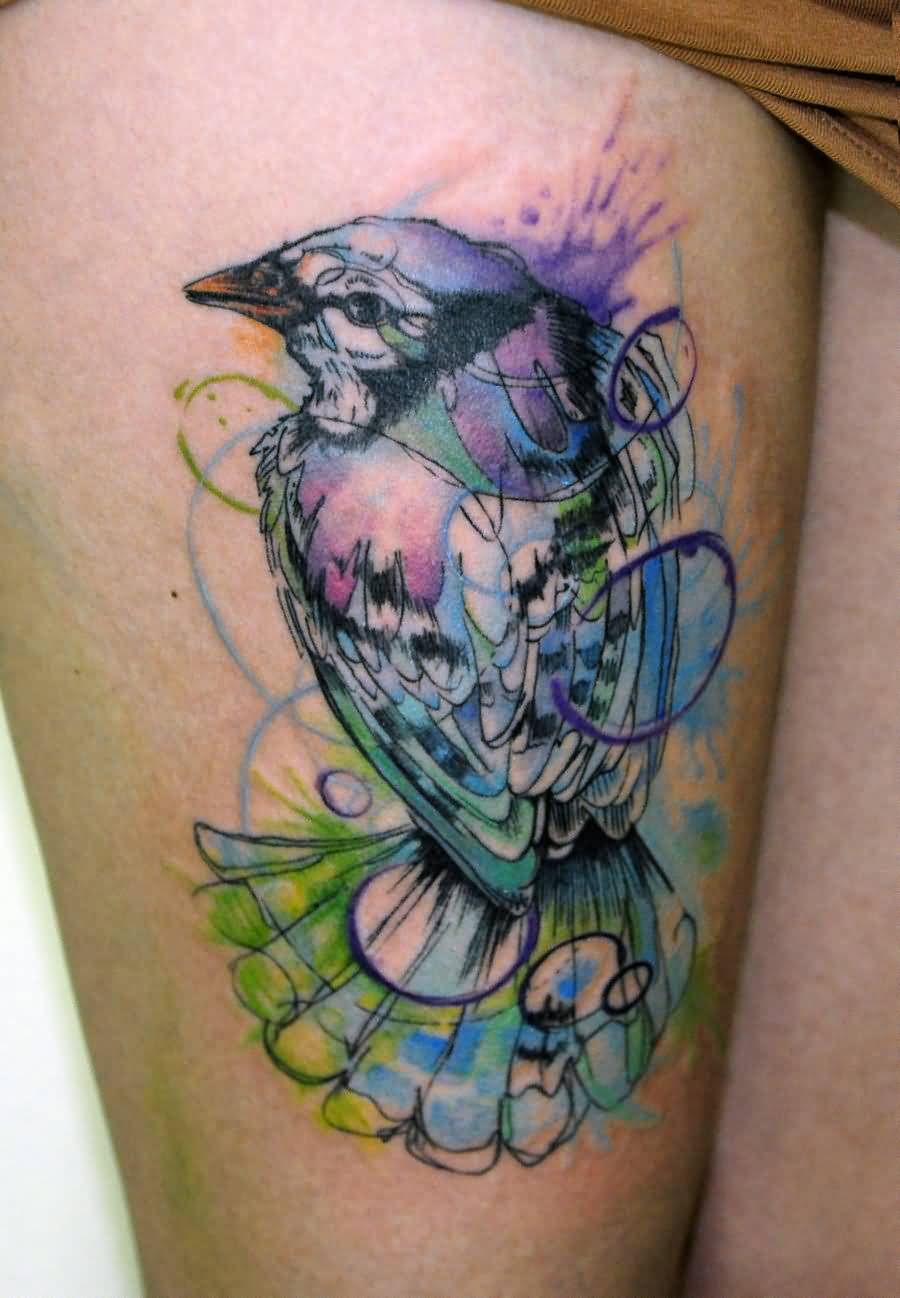 Watercolor Kookaburra Bird Tattoo On Thigh