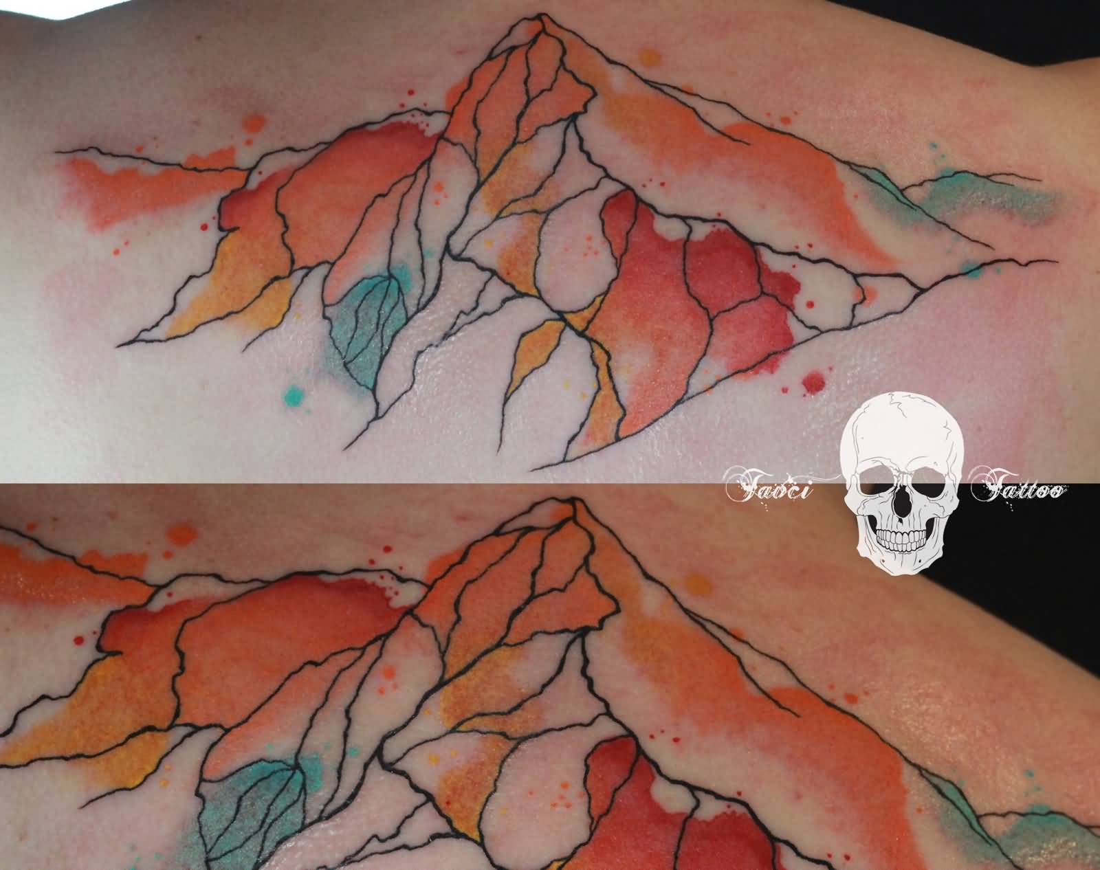 Watercolor Mountains Tattoo On Bicep