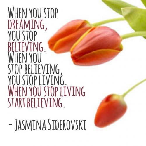 When you stop dreaming, you stop believing. When you stop believing, you stop living. When you stop living, start believing - Jasmina Siderovski