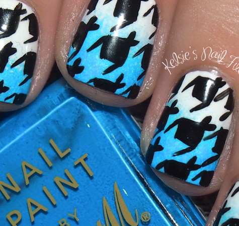 White And Blue Ombre Nails With Black Houndstooth Nail Art