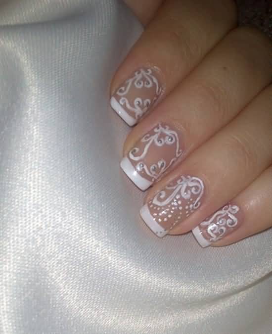 White Flowers On Nude Nails Wedding Nail Art