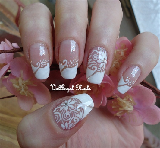White Flowers On Nude Nails Wedding Nail Art