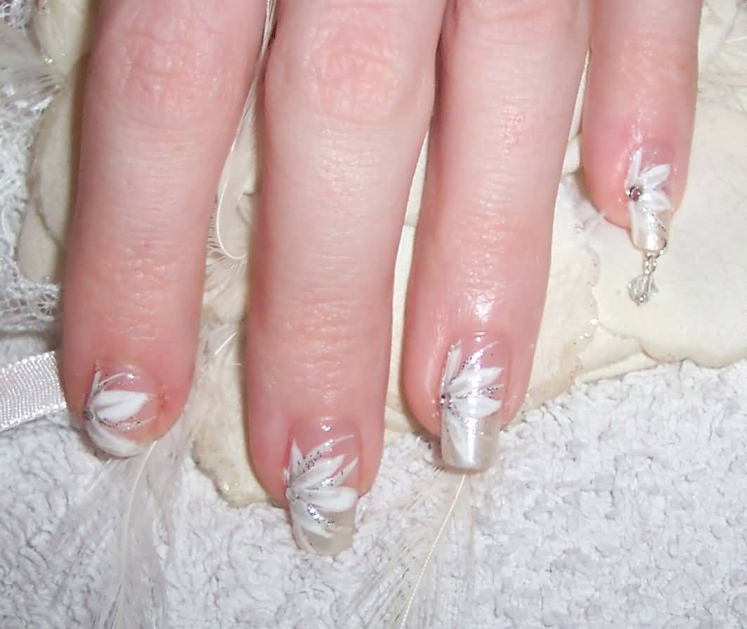 White Flowers Wedding Nail Art
