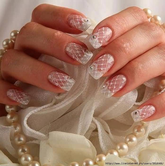 White French Tip With Lace Design Wedding Nail Art