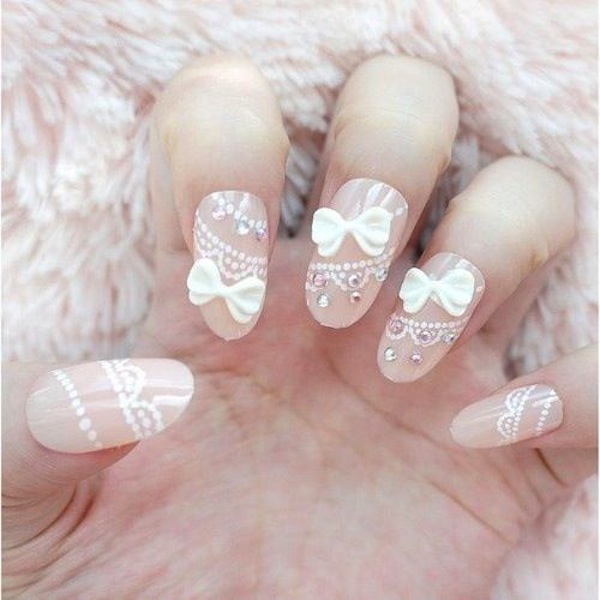White Lace Design With 3d Bow Wedding Nail Art