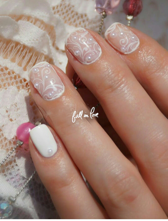 White Lace Flower Wedding Nail Art