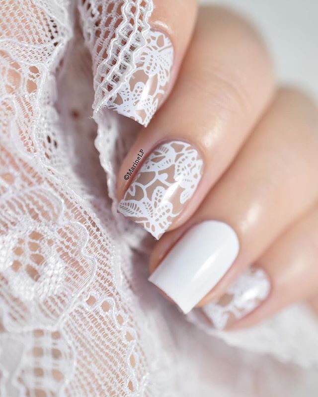 White Lace Flowers Wedding Nail Art