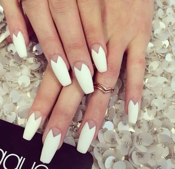 White Matte Nails With Reverse French Tip Nail Art