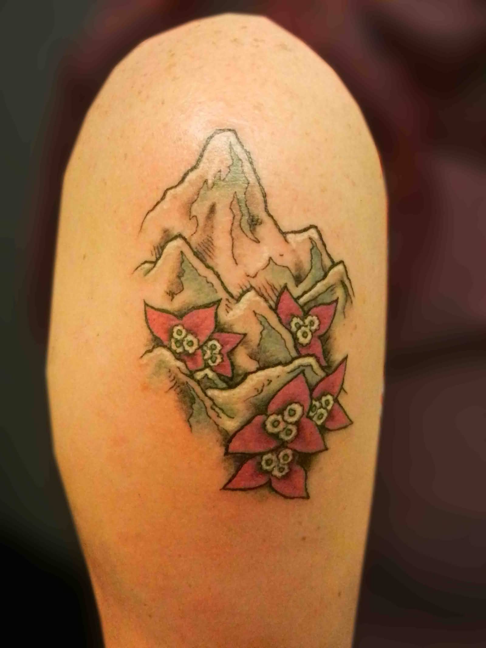 White Mountains With Red Flower Tattoo On Right Shoulder