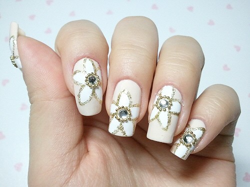 White Nails With Flowers Design Wedding Nail Art