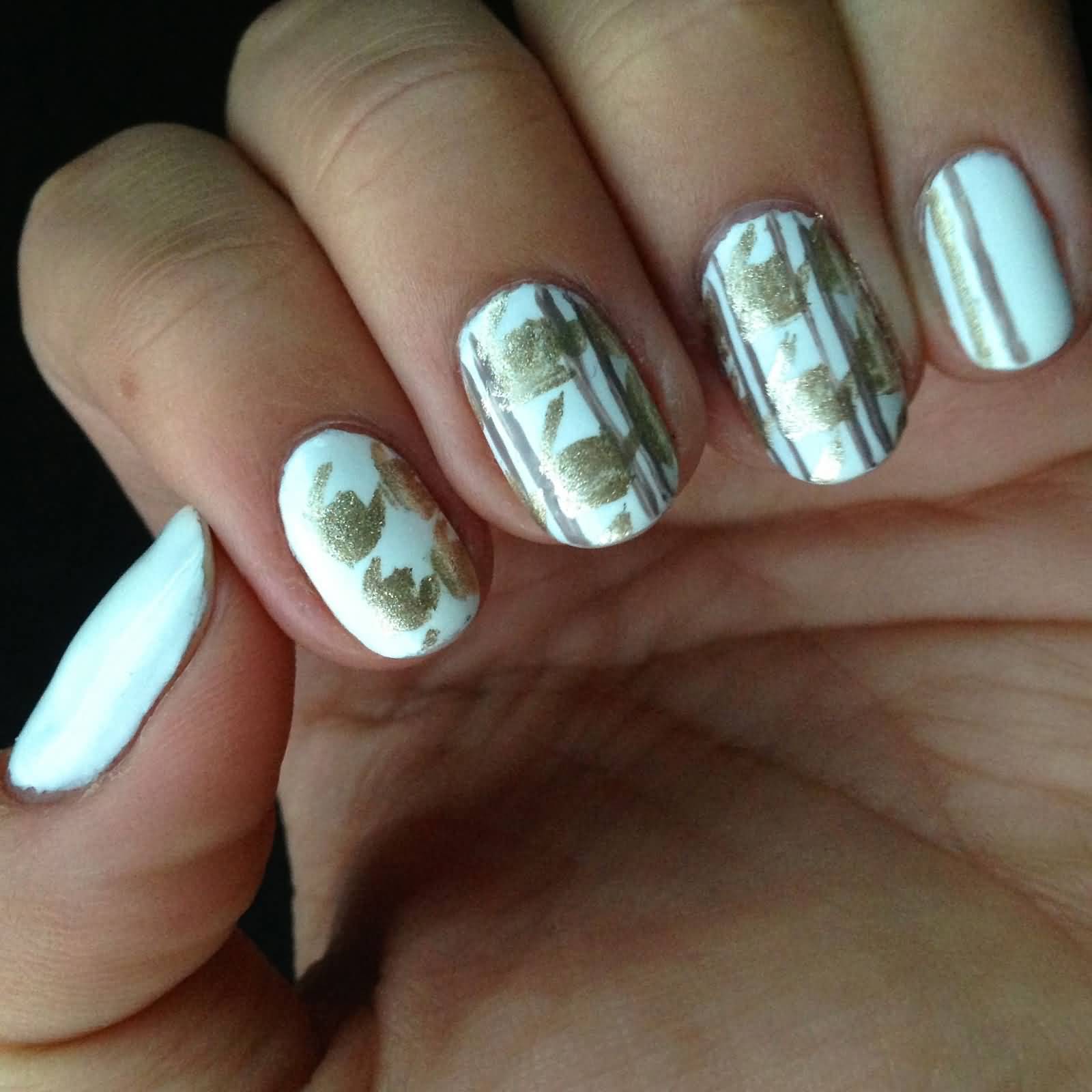 White Nails With Gold Houndstooth Nail Art