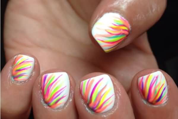 White Nails With Neon Stripes Design Nail Art