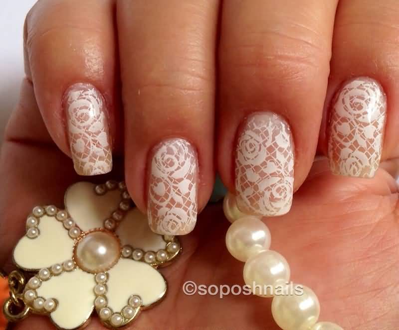White Rose Flower Lace Design Wedding Nail Art
