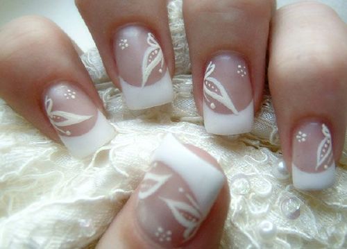 White Tip And Flower Design Wedding Nail Art